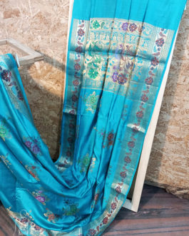 Banarasi Chinia Silk Turquoise Blue Saree With Orange Green Purple Blue Resham flower motif And Zari Rose Boota Jangla Weave With Meenakari Work Heavy Zari Resham Meenakari Border And Anchal