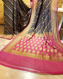 Banarasi Khaddi Georgette Black Saree with golden zari lehariya weave heavy border and anchal in pink base with zari work with plain blouse with zari border