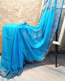 Banarasi Pure Chiffon plain light blue Saree with deep brown pink and orange resham work floral bel border and anchal