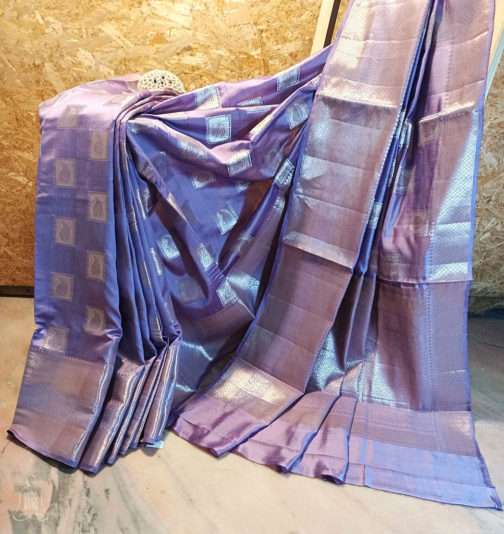 Banarasi Chinia Silk Mauve Saree With Copper And Silver Zari Rectangular Block With Paisley Motif Weave And Anchal Work