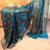 Banarasi Dupion Silk Peacock blue saree with orange pink green brown resham bel boota all over and in anchal with zari border in resham meenakari