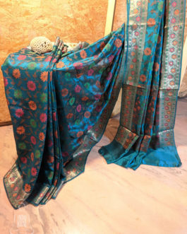 Banarasi Dupion Silk Peacock blue saree with orange pink green brown resham bel boota all over and in anchal with zari border in resham meenakari