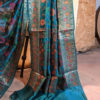 Banarasi Dupion Silk Peacock blue saree with orange pink green brown resham bel boota all over and in anchal with zari border in resham meenakari