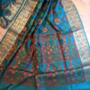 Banarasi Dupion Silk Peacock blue saree with orange pink green brown resham bel boota all over and in anchal with zari border in resham meenakari