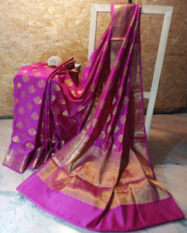 Banarasi Chinia Silk Magenta Saree With Copper Zari Paisley Weave All Over With Zari Border And Heavy Anchal