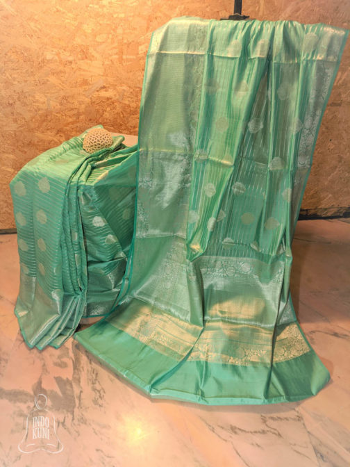 Banarasi Chinia Silk Light Sea Green Saree With Silver Zari Paisley Boota And Spiral Weave All Over With Zari Border And Heavy Anchal