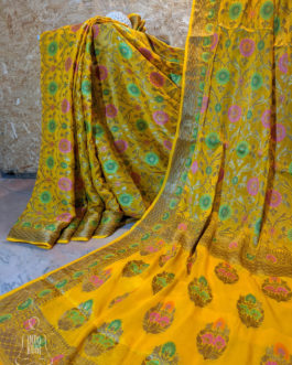 Banarasi Chiffon Yellow Patola saree with zari work and resham meenakari jaal work with floral boota anchal and border with resham meenakari
