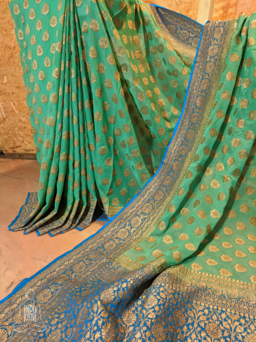 Banarasi Khaddi Georgette Sea Green Saree Copper Zari - Indokuni