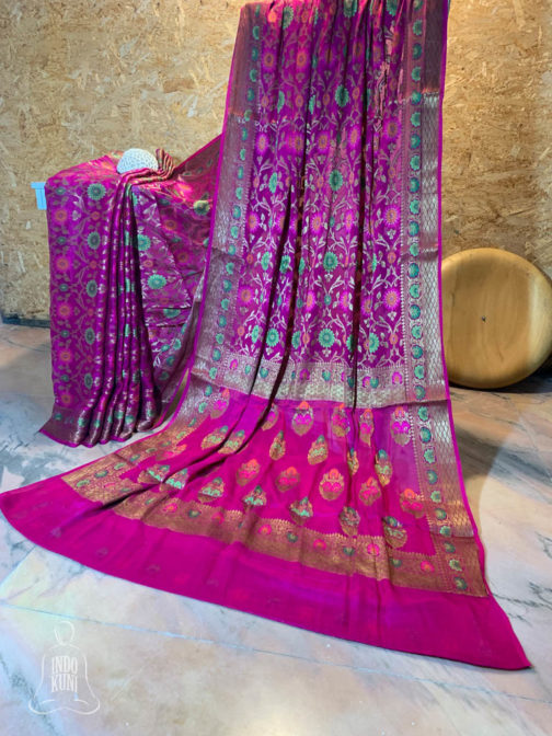 Banarasi Chiffon Magenta Patola saree with zari and resham meenakari jaal work with floral boota anchal and border with resham meenakari