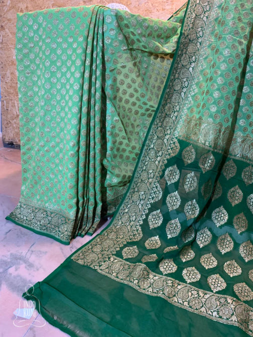 Banarasi Khaddi Georgette Light Green Saree With Copper Zari - Indokuni