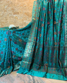 Banarasi Dupion Silk Acqua blue saree with orange pink green brown resham bel boota all over and in anchal with zari border in resham meenakari