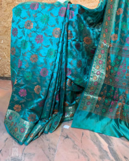 Banarasi Dupion Silk Acqua blue saree with orange pink green brown resham bel boota all over and in anchal with zari border in resham meenakari