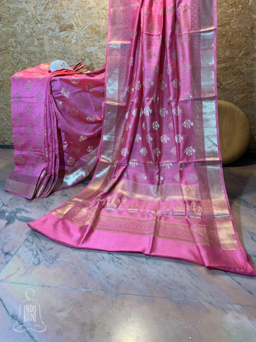 Banarasi Chinia Silk Pink saree golden zari paisley weave all over with zari border and heavy anchal