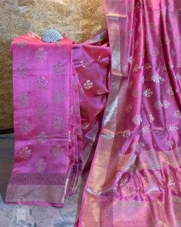 Banarasi Chinia Silk Pink saree golden zari paisley weave all over with zari border and heavy anchal