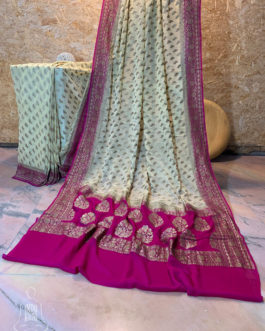 Banarasi Khaddi Georgette Off White saree with small paisley copper zari boota Purple border and anchal with heavy zari floral bel boota work