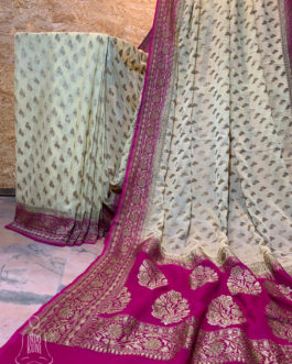 Banarasi Khaddi Georgette Off White saree with small paisley copper zari boota Purple border and anchal with heavy zari floral bel boota work