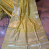 Banarasi Chinia Silk Yellow saree silver zari paisley boota with zig-zag vertical weave all over with zari border and heavy anchal