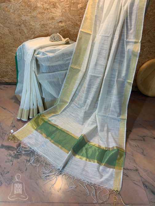 Banarasi Cotton Mercerized plain white saree with plain golden zari lace look border with green block on anchal