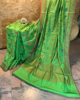 Banarasi Chanderi Cotton Parrot Green Saree With Zari
