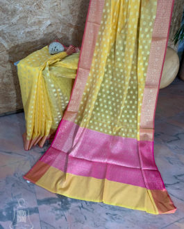 Banarasi Chanderi Cotton Yellow saree with golden zari boota all over magenta border and anchal with heavy zari work