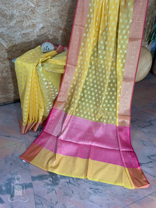 Banarasi Chanderi Cotton Yellow saree with golden zari boota all over magenta border and anchal with heavy zari work