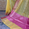 Banarasi Chanderi Cotton Yellow saree with golden zari boota all over magenta border and anchal with heavy zari work