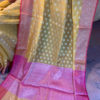 Banarasi Chanderi Cotton Yellow saree with golden zari boota all over magenta border and anchal with heavy zari work