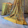 Banarasi Chanderi Cotton Mustard Yellow saree with zari and intense resham jaal with light blue and pink resham meenakari