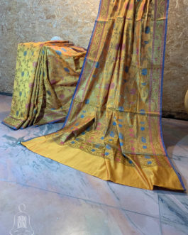 Banarasi Chanderi Cotton Mustard Yellow saree with zari and intense resham jaal with light blue and pink resham meenakari