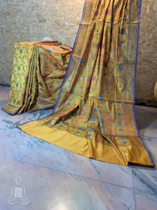 Banarasi Chanderi Cotton Mustard Yellow saree with zari and intense resham jaal with light blue and pink resham meenakari