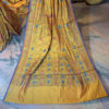 Banarasi Chanderi Cotton Mustard Yellow saree with zari and intense resham jaal with light blue and pink resham meenakari