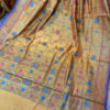 Banarasi Chanderi Cotton Mustard Yellow saree with zari and intense resham jaal with light blue and pink resham meenakari