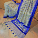 Banarasi Mercerized cotton white saree with royal blue resham work plain border and all over boota