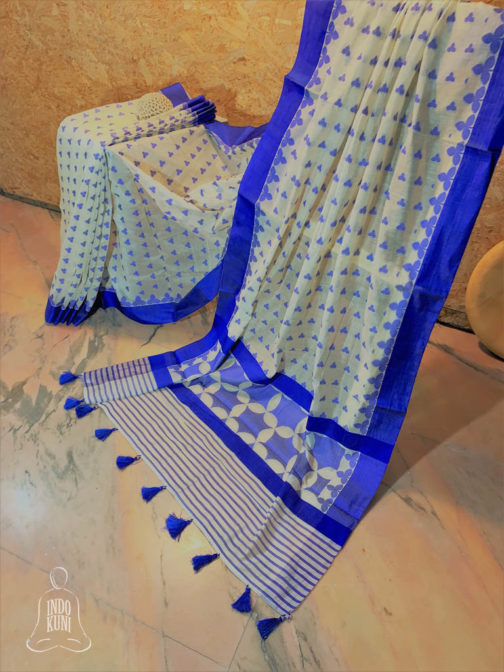 Banarasi Mercerized cotton white saree with royal blue resham work plain border and all over boota