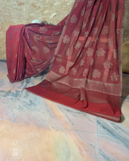 Banarasi Mercerized Cotton Maroon saree with brown resham tree buti all over and thick border and resham work on anchal