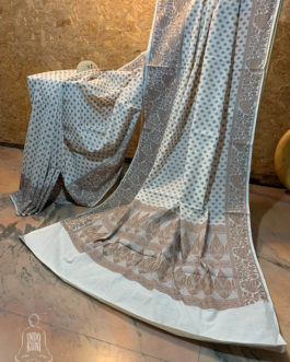 Banarasi Mercerized Cotton Off-White saree with brown resham booti all over and thick border and resham work on anchal