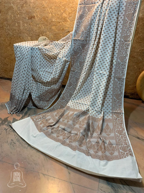 Banarasi Mercerized Cotton Off-White saree with brown resham booti all over and thick border and resham work on anchal