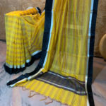 Banarasi Mercerized Cotton Yellow saree with multi-colored stripes and silver zari check weave with black satin and silver zari border and anchal in black base and multicolored stripes and silver zari checks