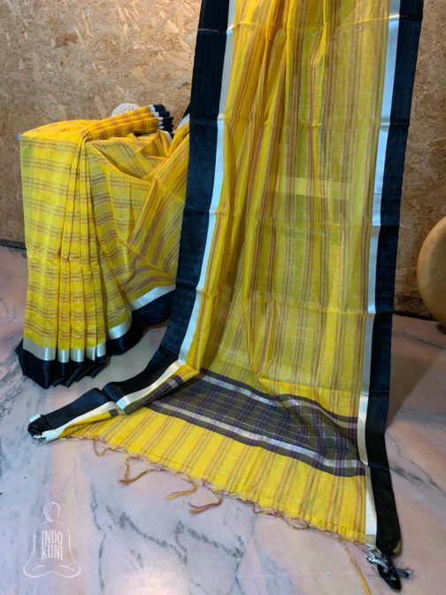 Banarasi Mercerized Cotton Yellow saree with multi-colored stripes and silver zari check weave with black satin and silver zari border and anchal in black base and multicolored stripes and silver zari checks