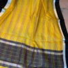 Banarasi Mercerized Cotton Yellow saree with multi-colored stripes and silver zari check weave with black satin and silver zari border and anchal in black base and multicolored stripes and silver zari checks