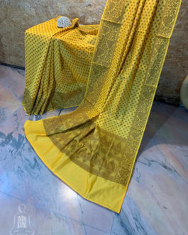 Banarasi Mercerized Cotton Yellow saree with brown resham booti all over and thick border and resham work on anchal