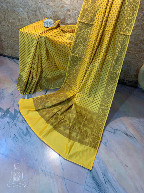 Banarasi Mercerized Cotton Yellow saree with brown resham booti all over and thick border and resham work on anchal