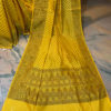 Banarasi Mercerized Cotton Yellow saree with brown resham booti all over and thick border and resham work on anchal