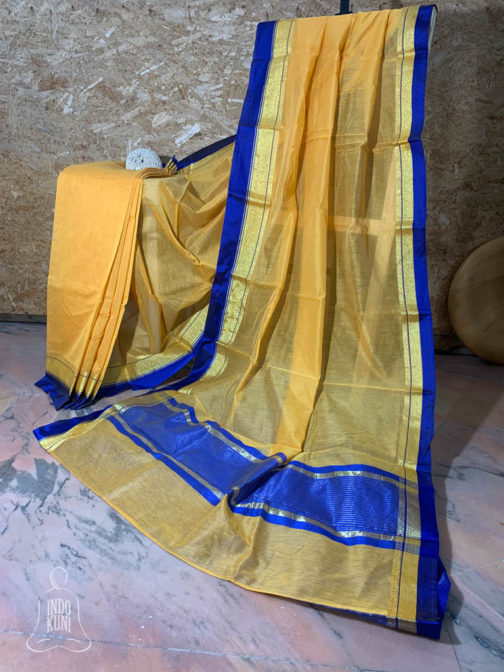 Banarasi Mercerised Cotton Light Orange saree with royal blue plain lace border with royal blue block on anchal