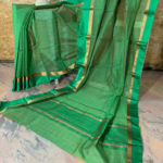 Banarasi Mercerized Cotton Green saree with self check weave green satin look border with golden stripes with anchal in darker green base and golden zari checks