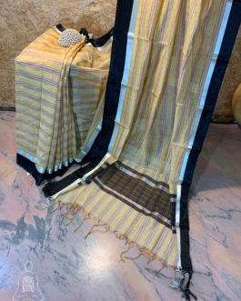 Banarasi Mercerized Cotton Light Yellow saree multi-colored stripes and silver zari check weave with black satin and silver zari border and anchal with black base and multicolored stripes and silver zari checks