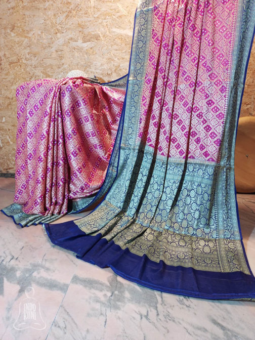 Banarasi Chiffon Rangkaat Magenta and Peach saree with allover Zari work heavy zari border and anchal in navy blue base