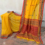 Assam cotton saree yellow base with magenta and light blue thread weave beautiful border and anchal