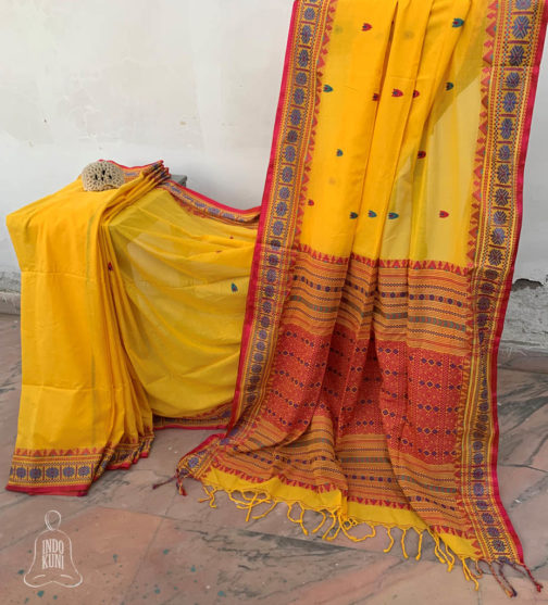 Assam cotton saree yellow base with magenta and light blue thread weave beautiful border and anchal