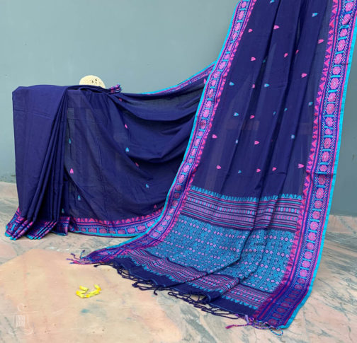 Assam cotton saree navy blue with magenta and light blue thread weave beautiful border and anchal